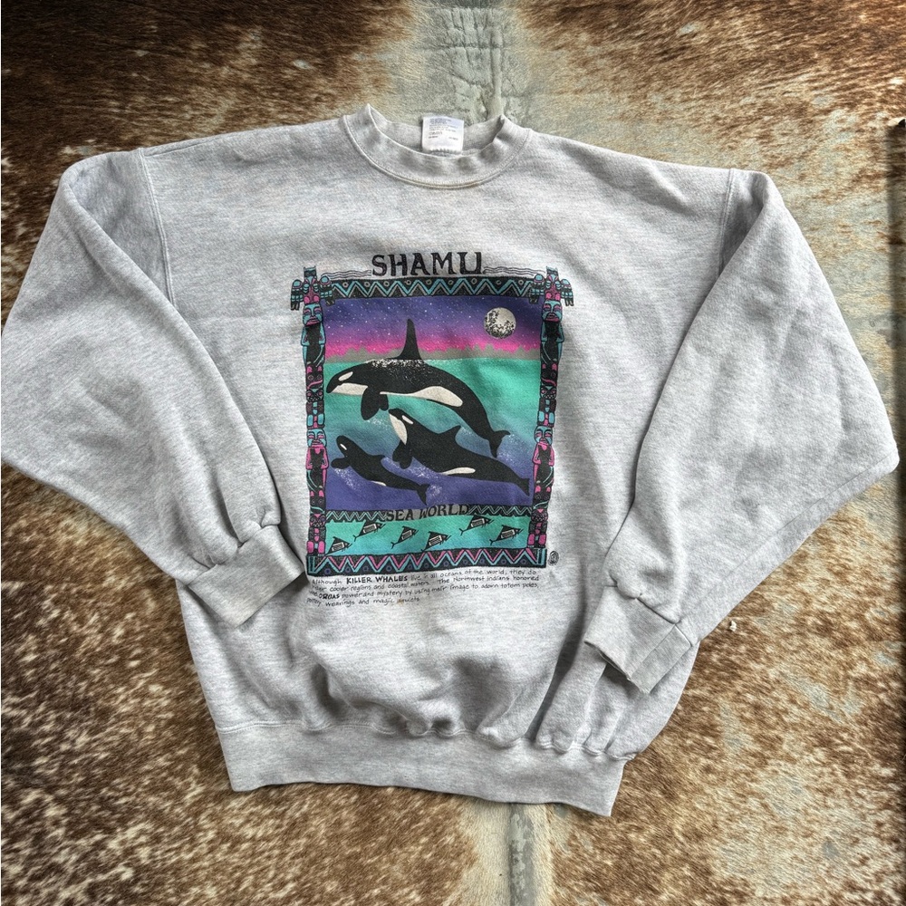 Tultex Gray Crewneck Sweater with Ribbed Cuffs Shamu Sea World made in USA